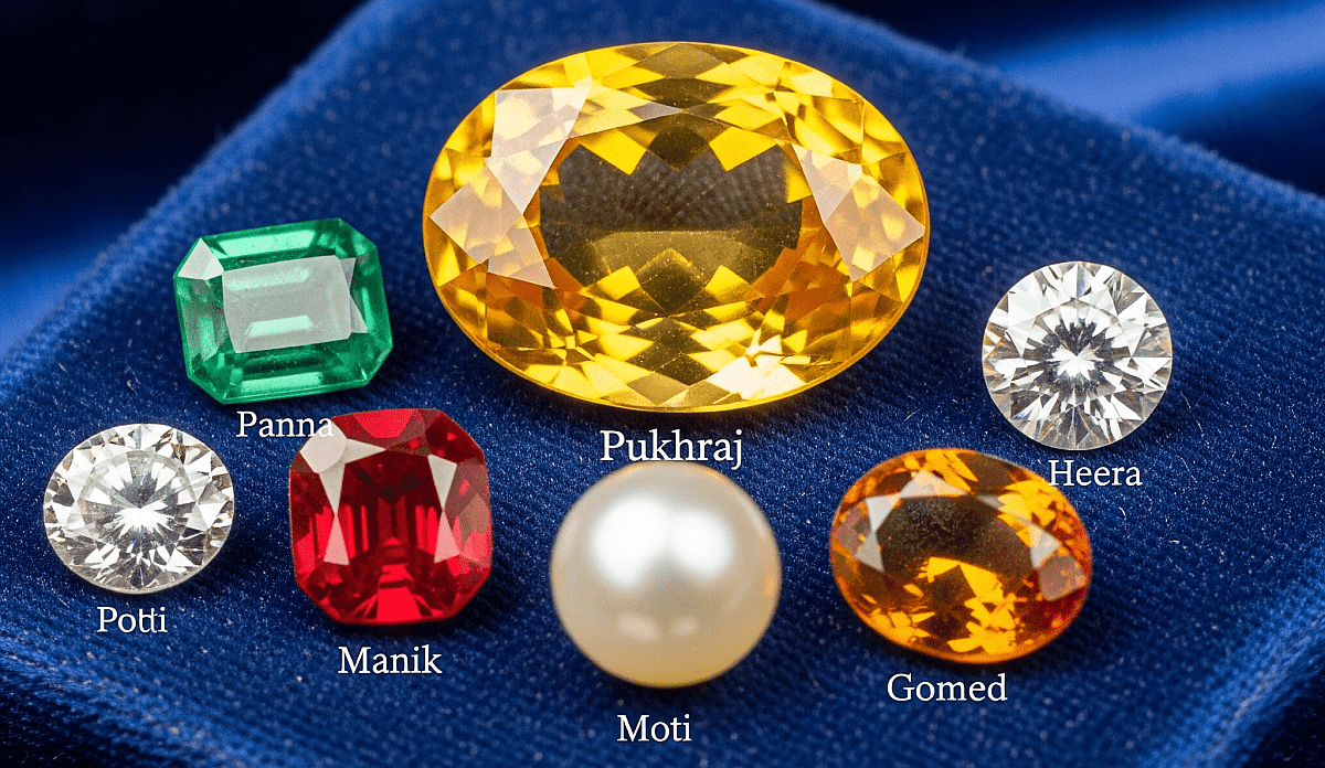 A curated set of natural gemstones associated with wealth in Vedic astrology