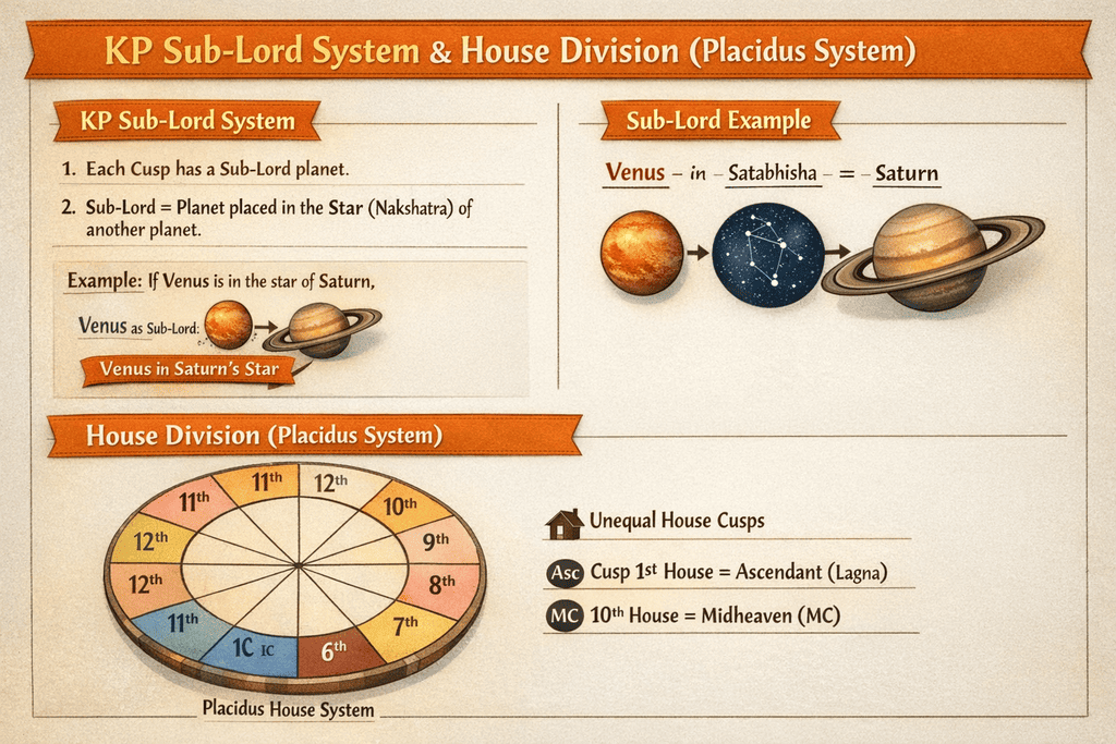 Diagram explaining KP Sub-lord system and House division according to Placidus system