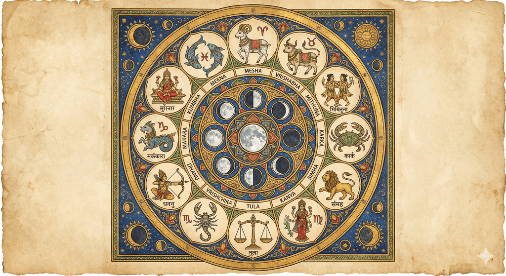 Illustration of the 12 Vedic Zodiac signs centered around a Moon phase symbol