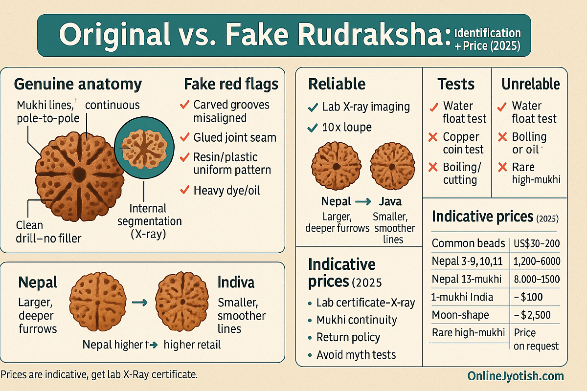 Close-up of Nepal and Java Rudraksha beads with labeled mukhi lines
