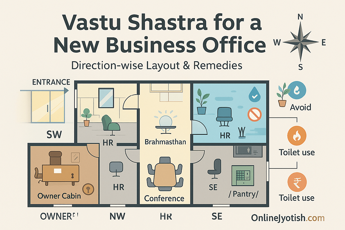 Business office floor plan labeled with Vastu directions