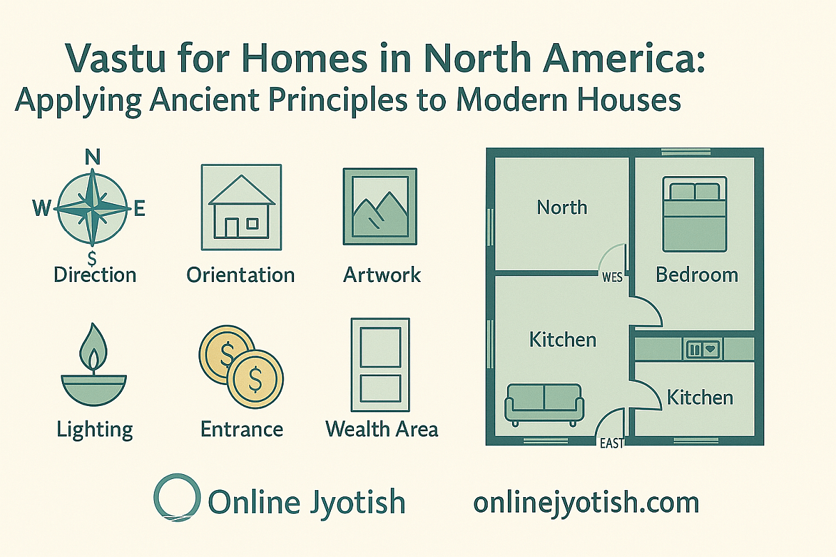 Vastu compass diagram overlaid on a modern North American house to illustrate Vastu principles