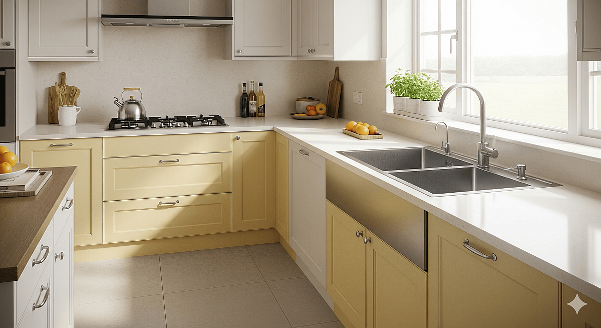 A modern kitchen designed with Vastu, showing the stove in the South-East fire zone and the sink in the North-East water zone, separated by a counter.