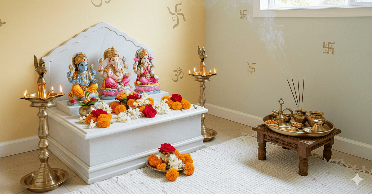 A serene Puja room designed with Vastu principles, featuring a marble mandir in the Northeast corner and natural light.