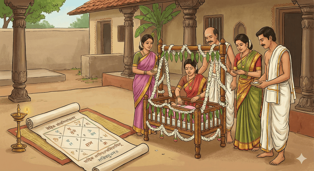 A beautiful illustration of a traditional Telugu cradle ceremony (Thottila function) with Vedic birth chart symbols
